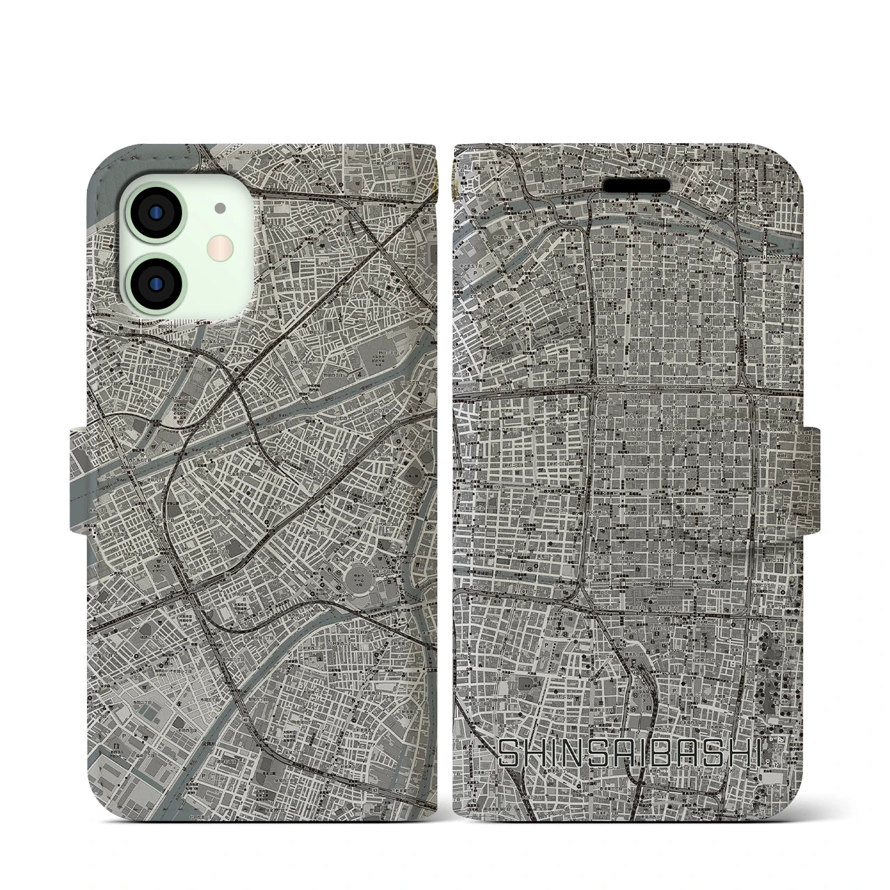 【心斎橋(大阪府)】地図柄iPhoneケース(手帳タイプ)モノトーン・iPhone 12 mini 用