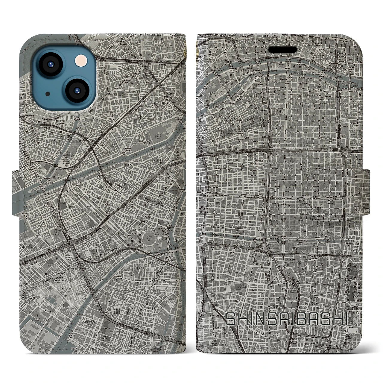【心斎橋(大阪府)】地図柄iPhoneケース(手帳タイプ)モノトーン・iPhone 13 用