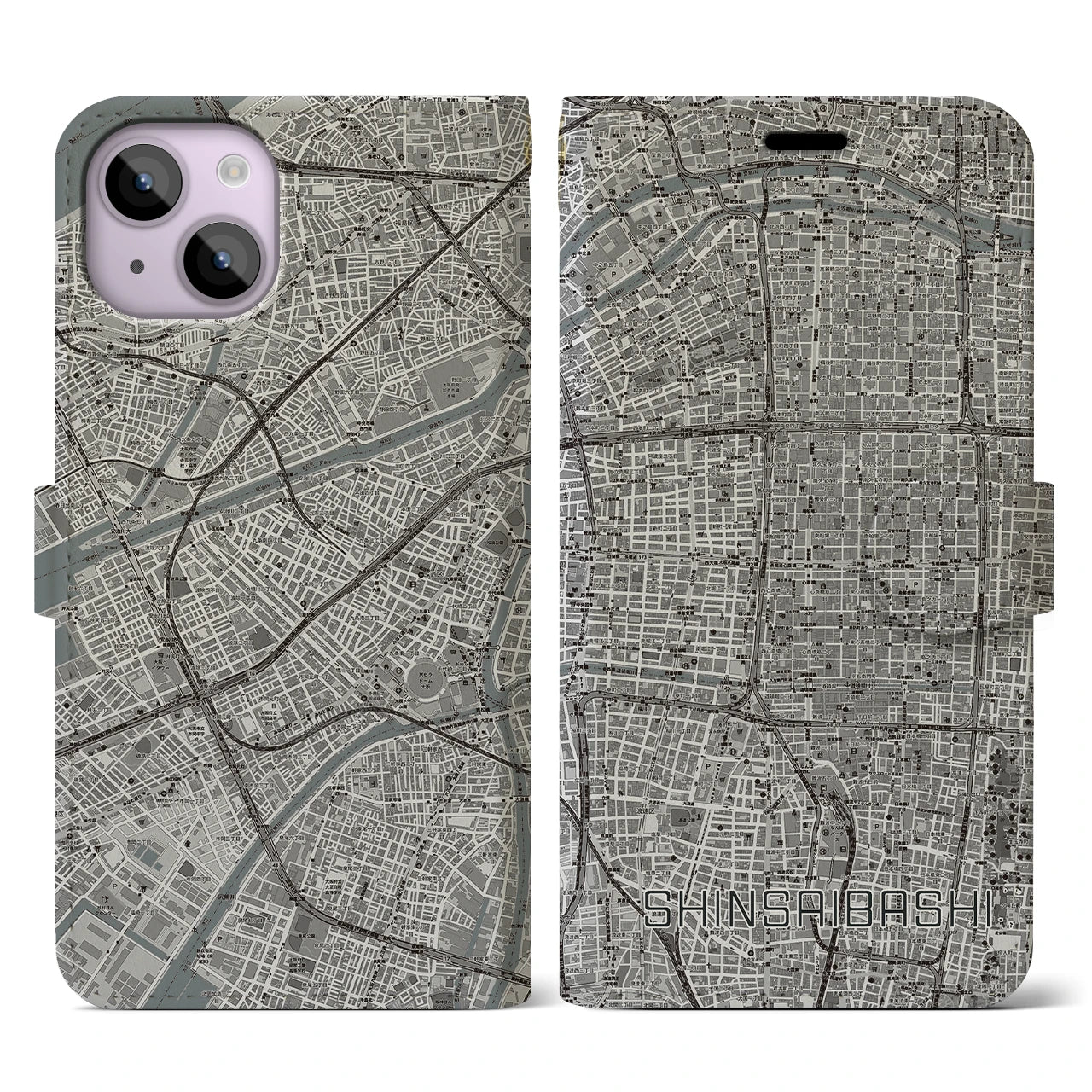 【心斎橋(大阪府)】地図柄iPhoneケース(手帳タイプ)モノトーン・iPhone 14 用