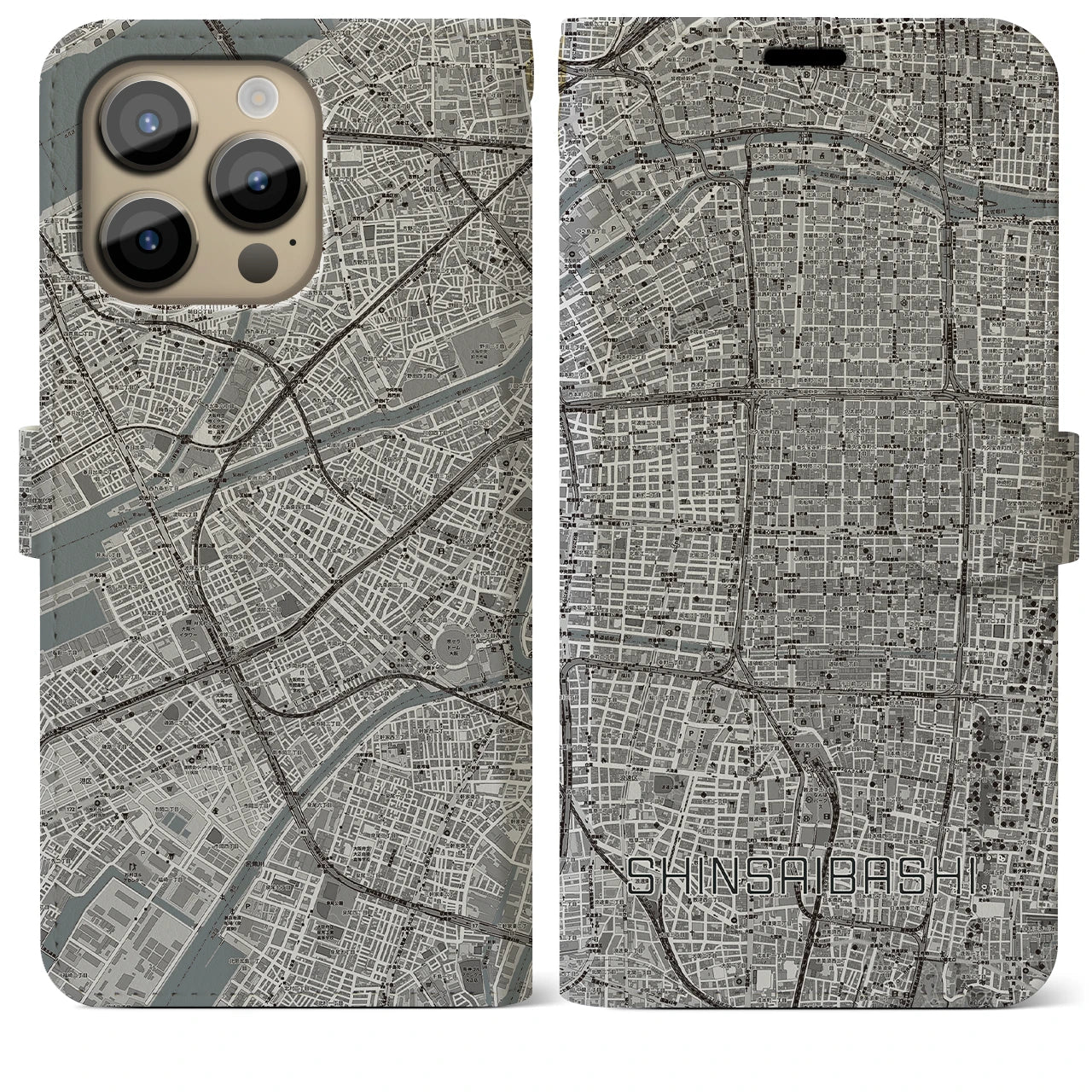 【心斎橋(大阪府)】地図柄iPhoneケース(手帳タイプ)モノトーン・iPhone 14 Pro Max 用
