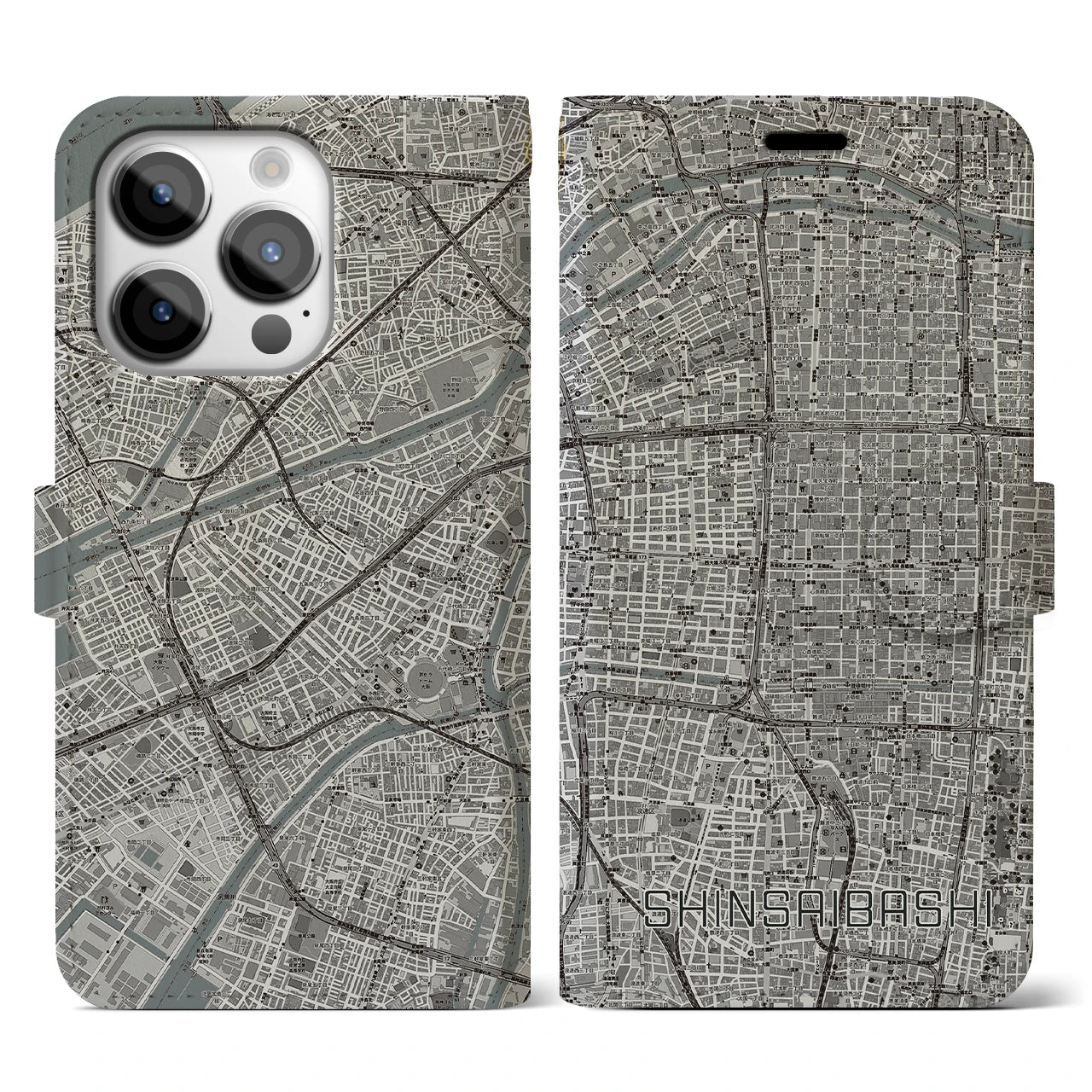 【心斎橋(大阪府)】地図柄iPhoneケース(手帳タイプ)モノトーン・iPhone 14 Pro 用