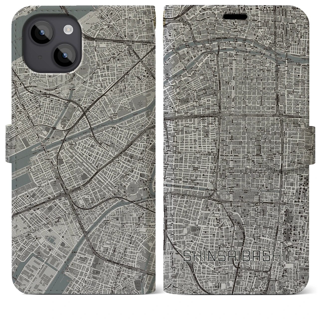 【心斎橋(大阪府)】地図柄iPhoneケース(手帳タイプ)モノトーン・iPhone 14 Plus 用