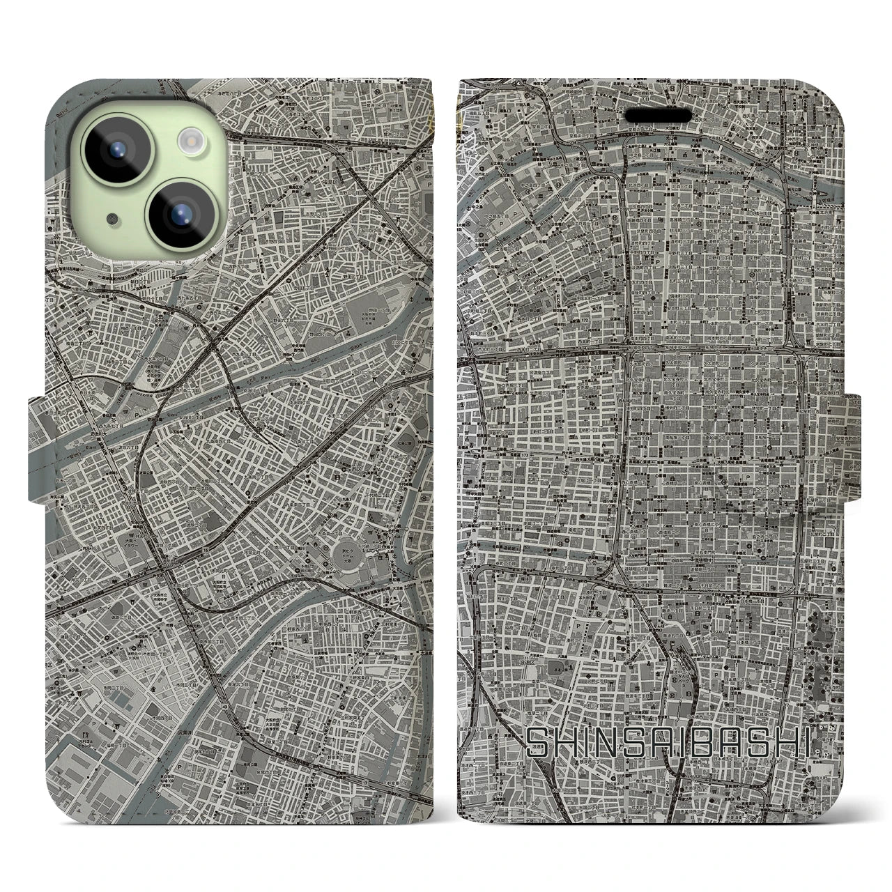 【心斎橋(大阪府)】地図柄iPhoneケース(手帳タイプ)モノトーン・iPhone 15 用
