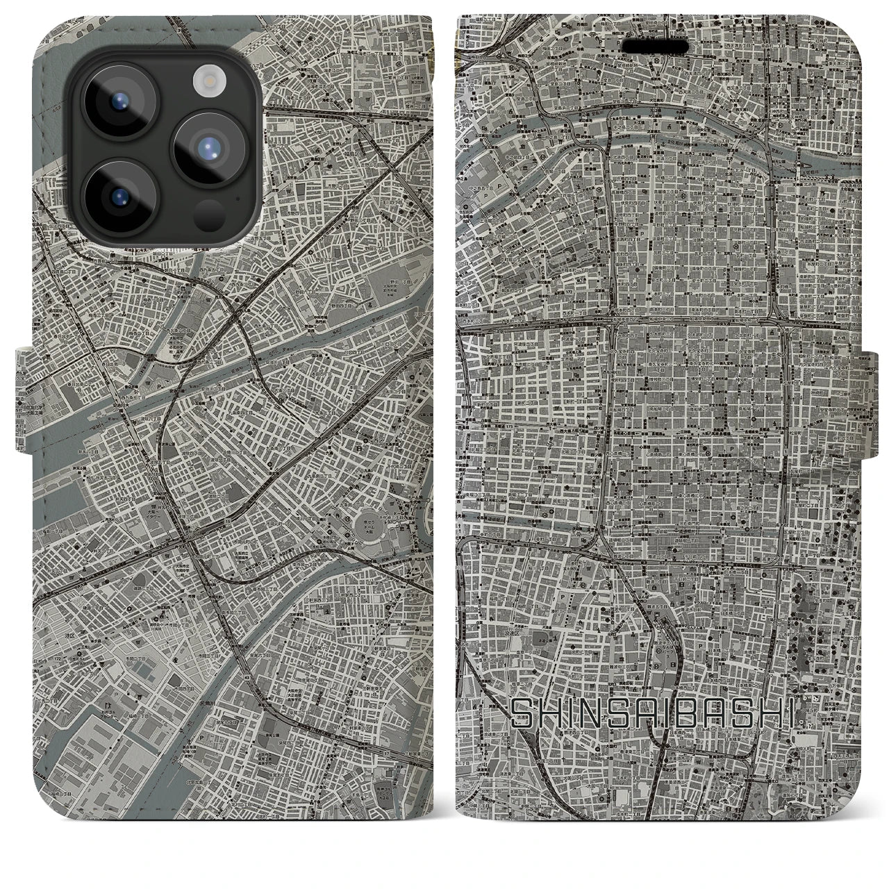 【心斎橋(大阪府)】地図柄iPhoneケース(手帳タイプ)モノトーン・iPhone 15 Pro Max 用