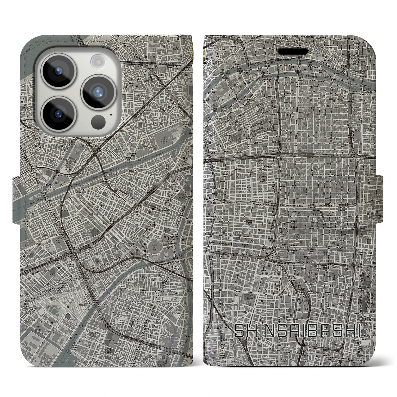 【心斎橋(大阪府)】地図柄iPhoneケース(手帳タイプ)モノトーン・iPhone 15 Pro 用