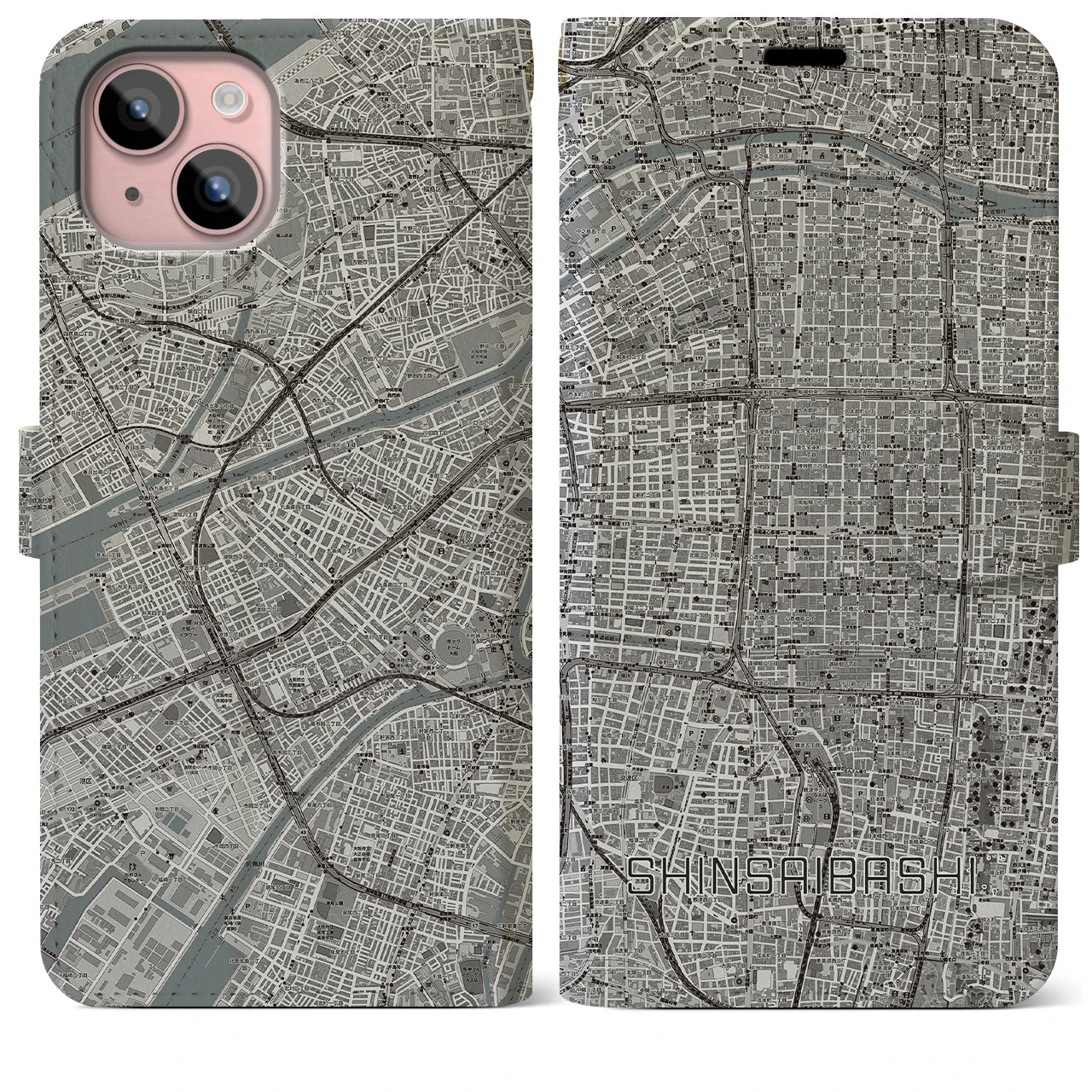 【心斎橋(大阪府)】地図柄iPhoneケース(手帳タイプ)モノトーン・iPhone 15 Plus 用