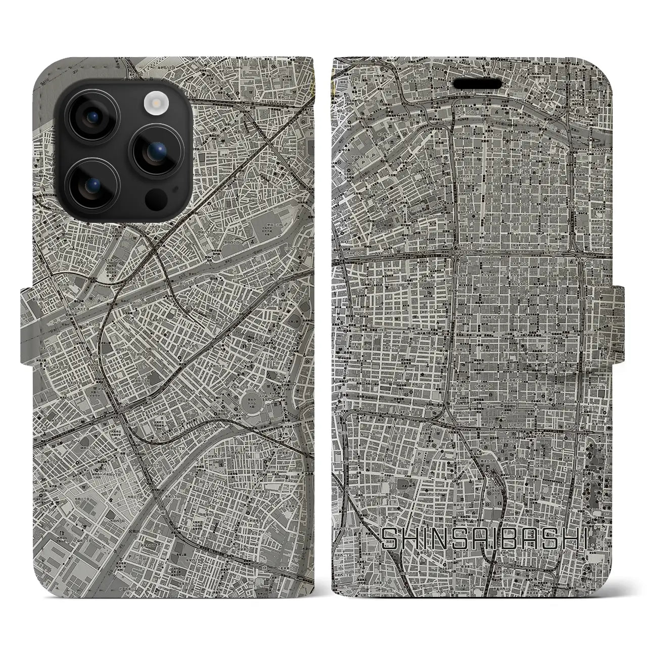 【心斎橋(大阪府)】地図柄iPhoneケース(手帳タイプ)モノトーン・iPhone 16 用