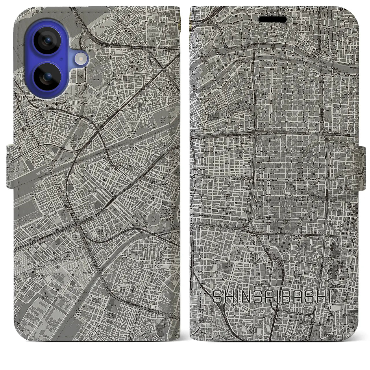 【心斎橋(大阪府)】地図柄iPhoneケース(手帳タイプ)モノトーン・iPhone 16 Pro Max 用