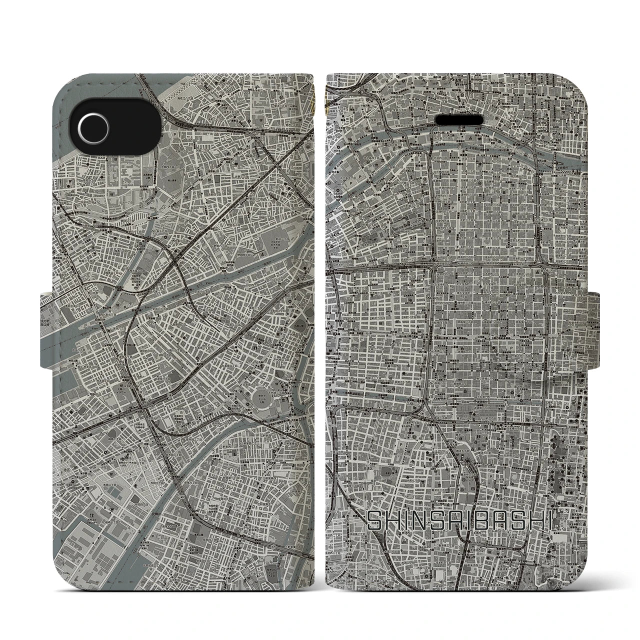 【心斎橋(大阪府)】地図柄iPhoneケース(手帳タイプ)モノトーン・iPhone SE(第3 / 第2世代) / 8 / 7 / 6s / 6 用