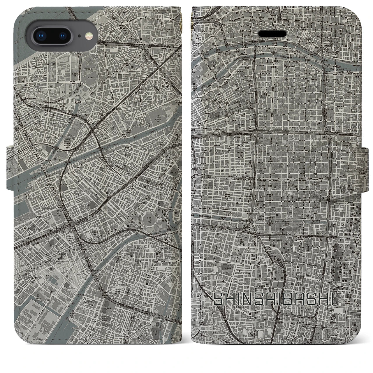 【心斎橋(大阪府)】地図柄iPhoneケース(手帳タイプ)モノトーン・iPhone 8Plus /7Plus / 6sPlus / 6Plus 用