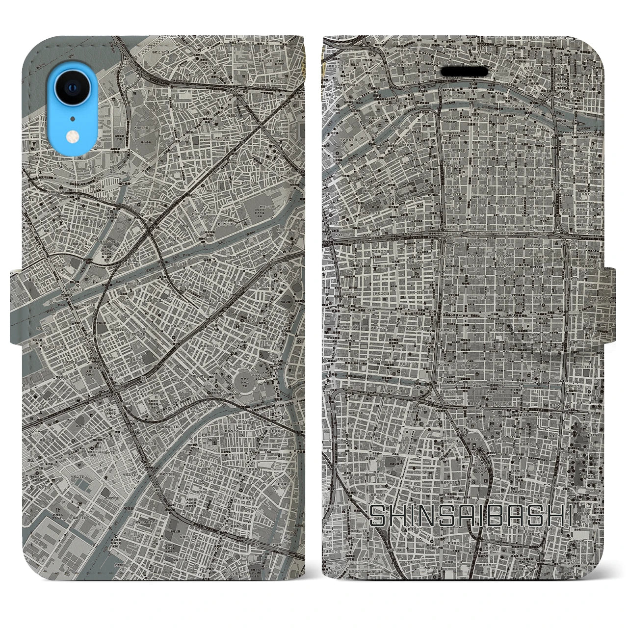 【心斎橋(大阪府)】地図柄iPhoneケース(手帳タイプ)モノトーン・iPhone XR 用