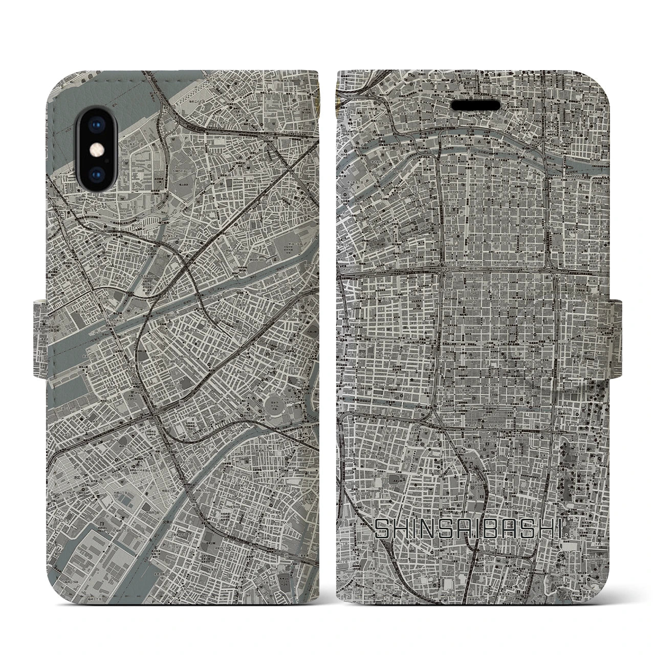 【心斎橋(大阪府)】地図柄iPhoneケース(手帳タイプ)モノトーン・iPhone XS / X 用