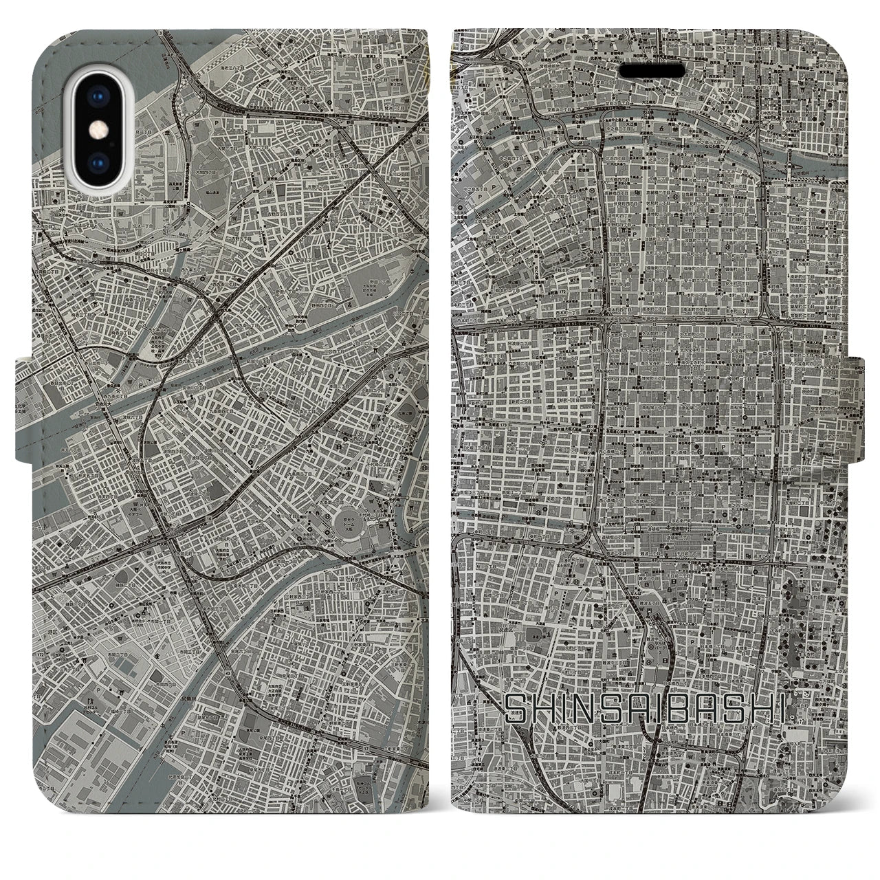 【心斎橋(大阪府)】地図柄iPhoneケース(手帳タイプ)モノトーン・iPhone XS Max 用