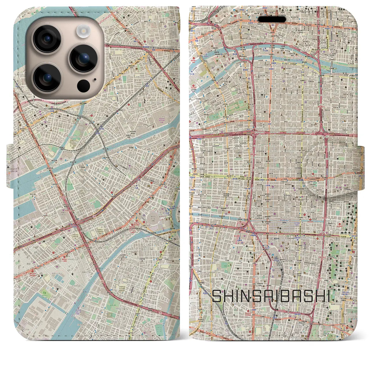 【心斎橋(大阪府)】地図柄iPhoneケース(手帳タイプ)ナチュラル・iPhone 16 Plus 用