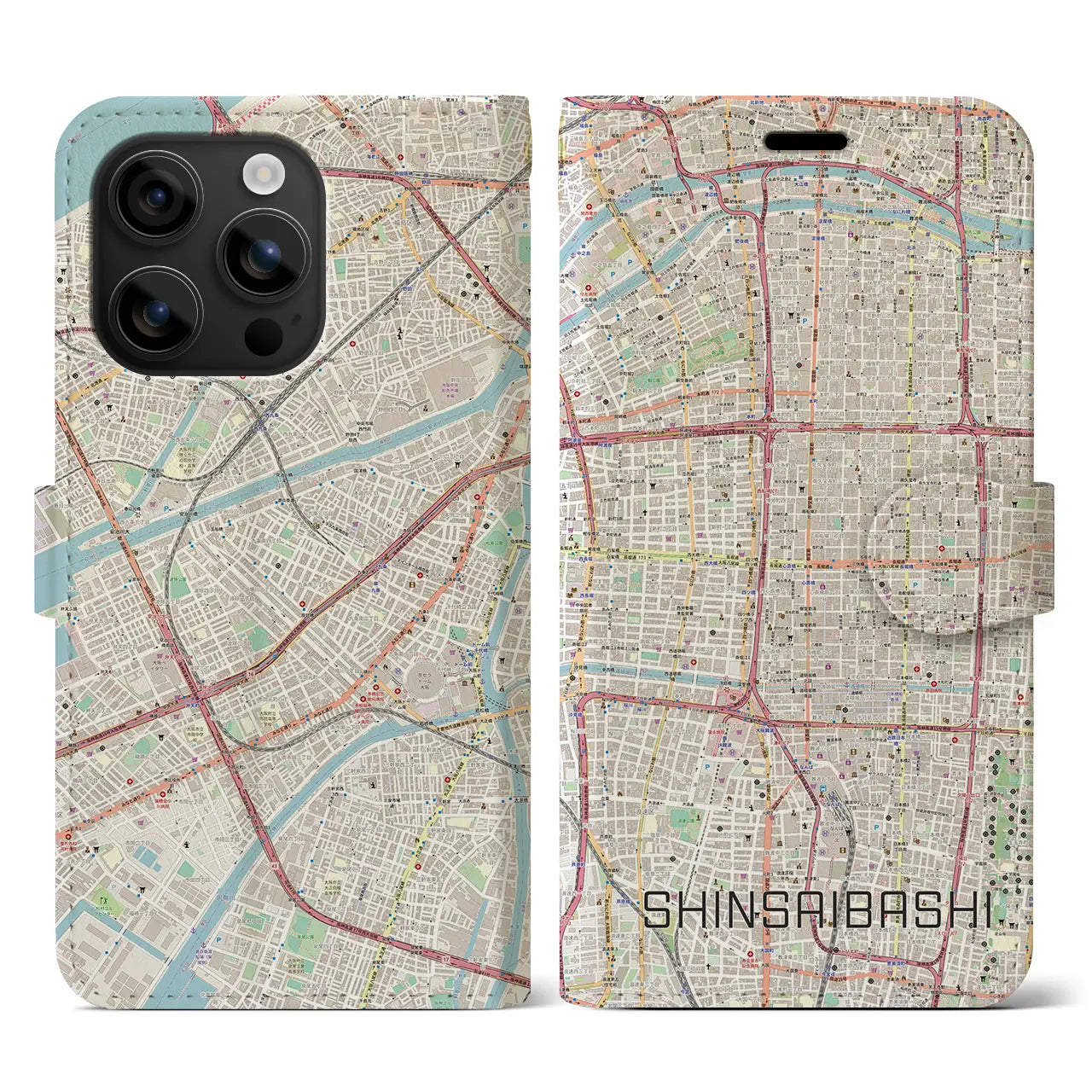 【心斎橋(大阪府)】地図柄iPhoneケース(手帳タイプ)ナチュラル・iPhone 16 用