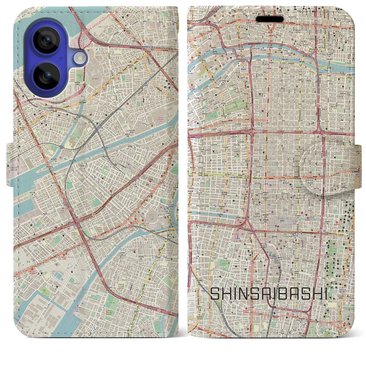 【心斎橋(大阪府)】地図柄iPhoneケース(手帳タイプ)ナチュラル・iPhone 16 Pro Max 用
