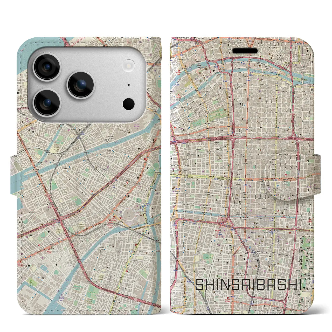 【心斎橋(大阪府)】地図柄iPhoneケース(手帳タイプ)ナチュラル・iPhone 17 Pro Max 用