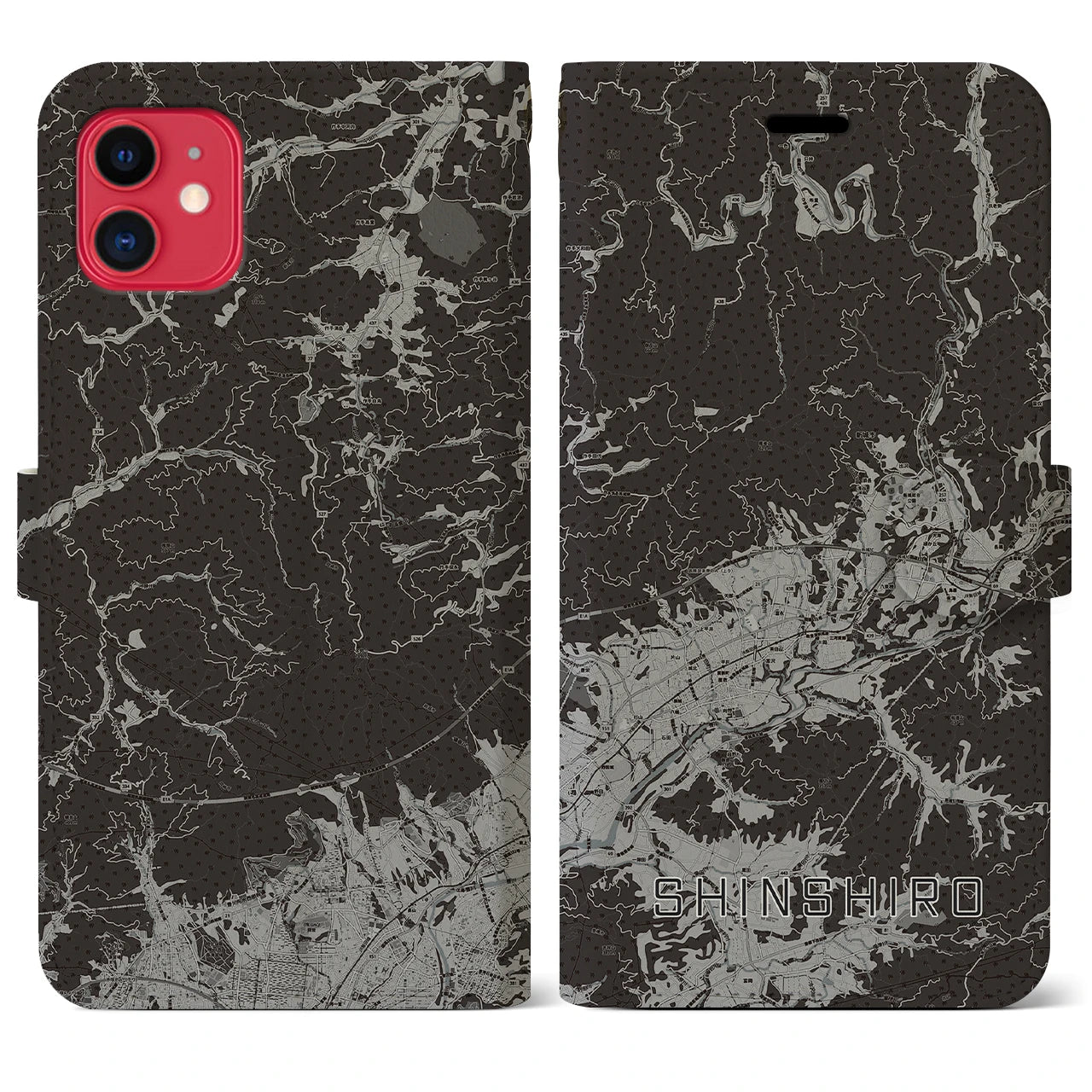 【新城(愛知県)】地図柄iPhoneケース(手帳タイプ)モノトーン・iPhone 11 用