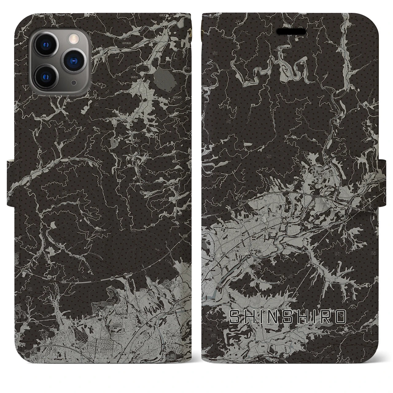 【新城(愛知県)】地図柄iPhoneケース(手帳タイプ)モノトーン・iPhone 11 Pro Max 用