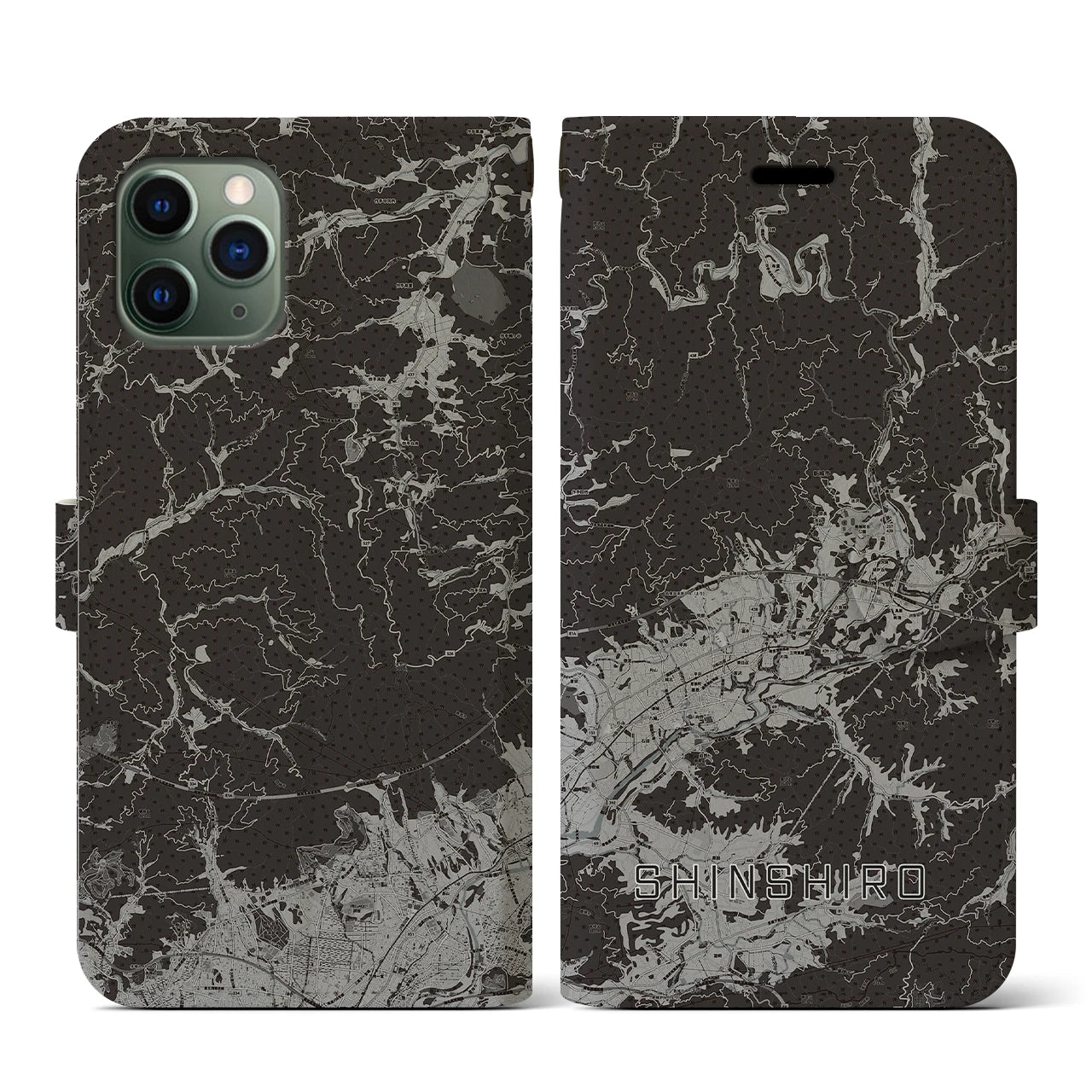 【新城(愛知県)】地図柄iPhoneケース(手帳タイプ)モノトーン・iPhone 11 Pro 用