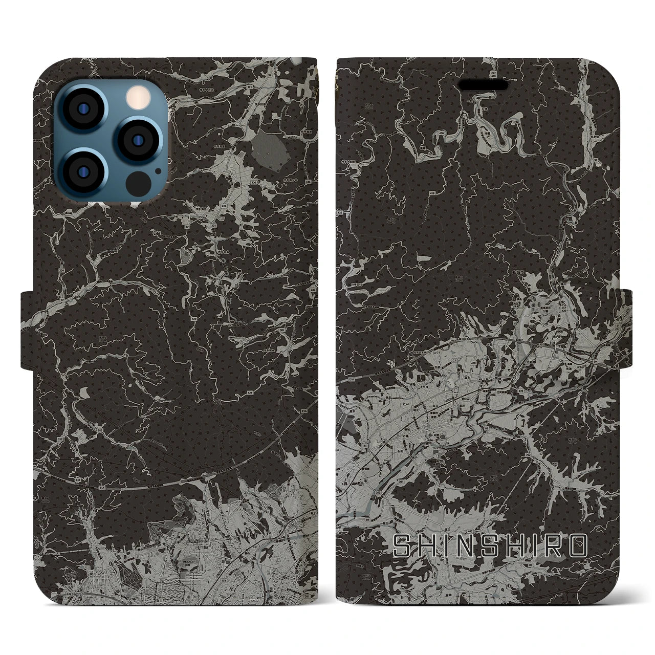 【新城(愛知県)】地図柄iPhoneケース(手帳タイプ)モノトーン・iPhone 12 / 12 Pro 用