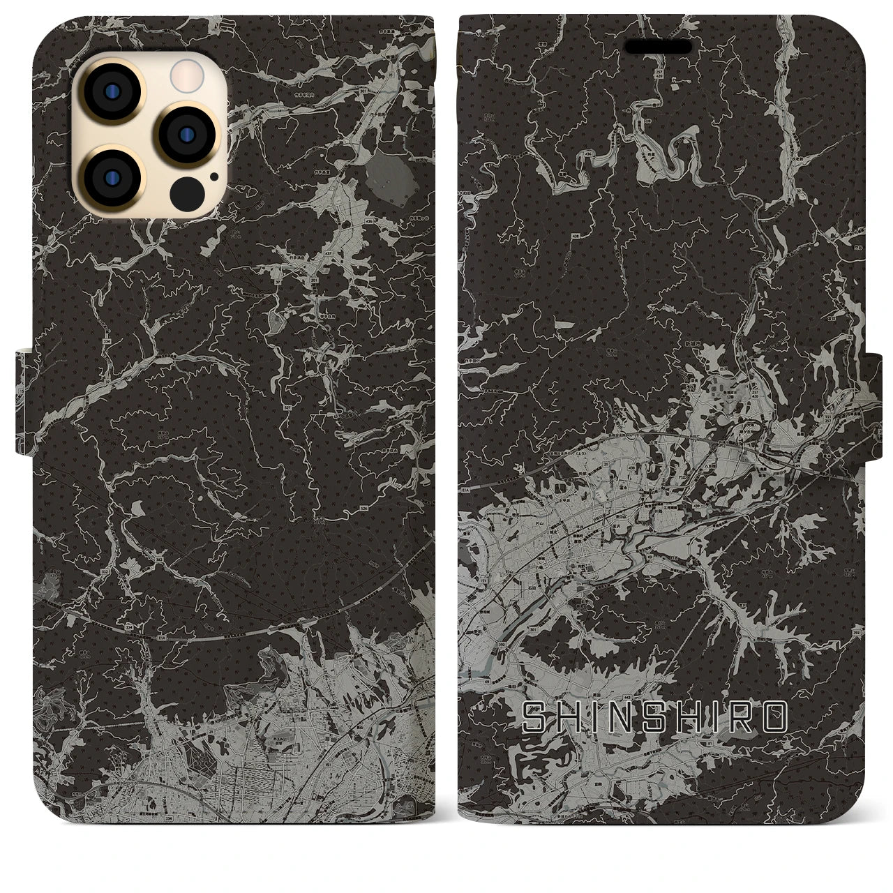 【新城(愛知県)】地図柄iPhoneケース(手帳タイプ)モノトーン・iPhone 12 Pro Max 用