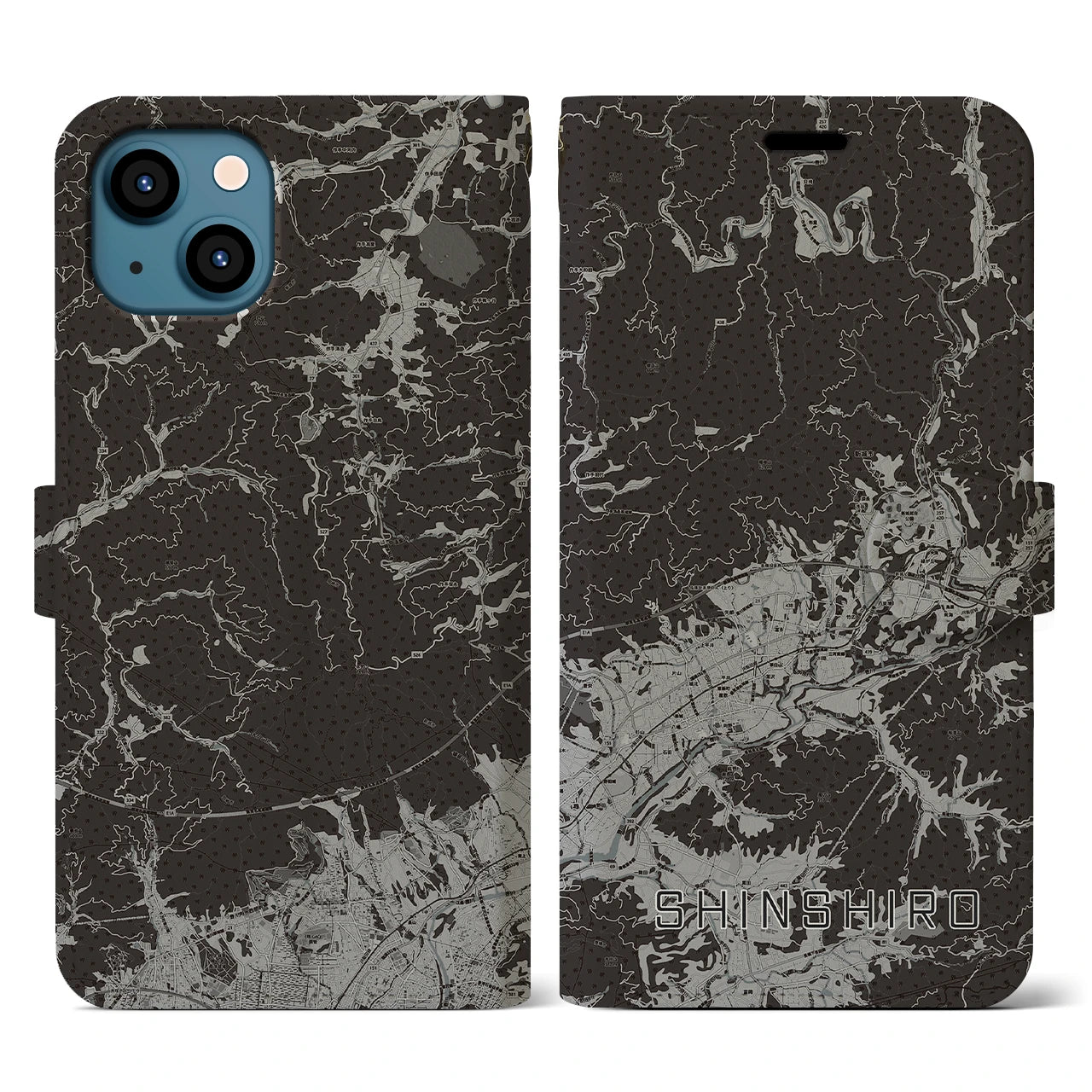 【新城(愛知県)】地図柄iPhoneケース(手帳タイプ)モノトーン・iPhone 13 用