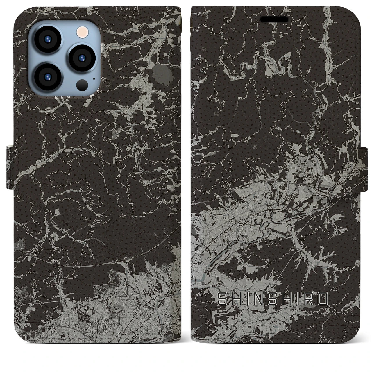 【新城(愛知県)】地図柄iPhoneケース(手帳タイプ)モノトーン・iPhone 13 Pro Max 用