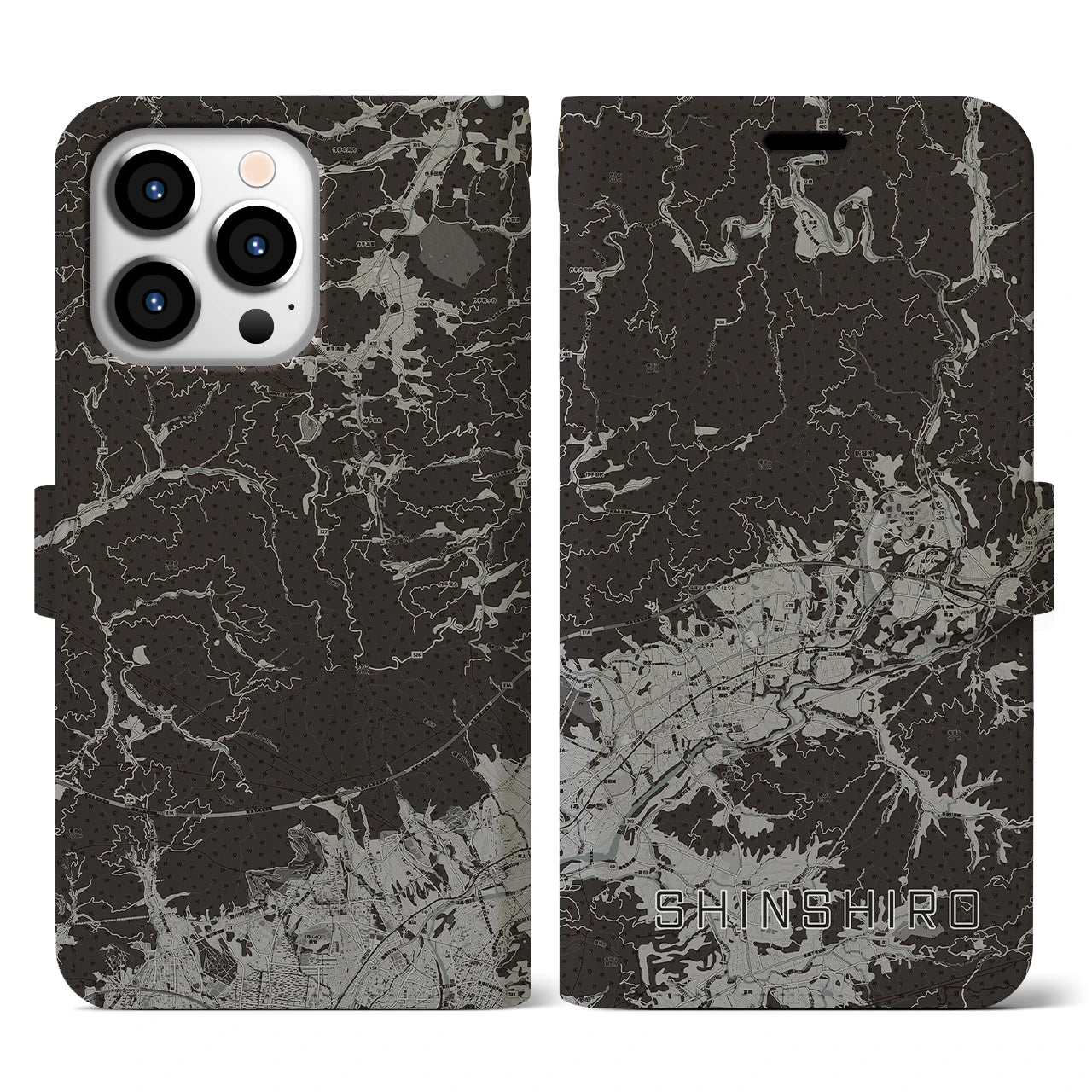 【新城(愛知県)】地図柄iPhoneケース(手帳タイプ)モノトーン・iPhone 13 Pro 用