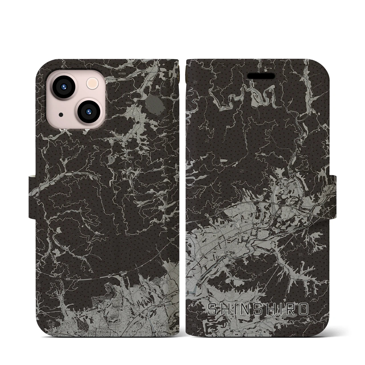 【新城(愛知県)】地図柄iPhoneケース(手帳タイプ)モノトーン・iPhone 13 mini 用
