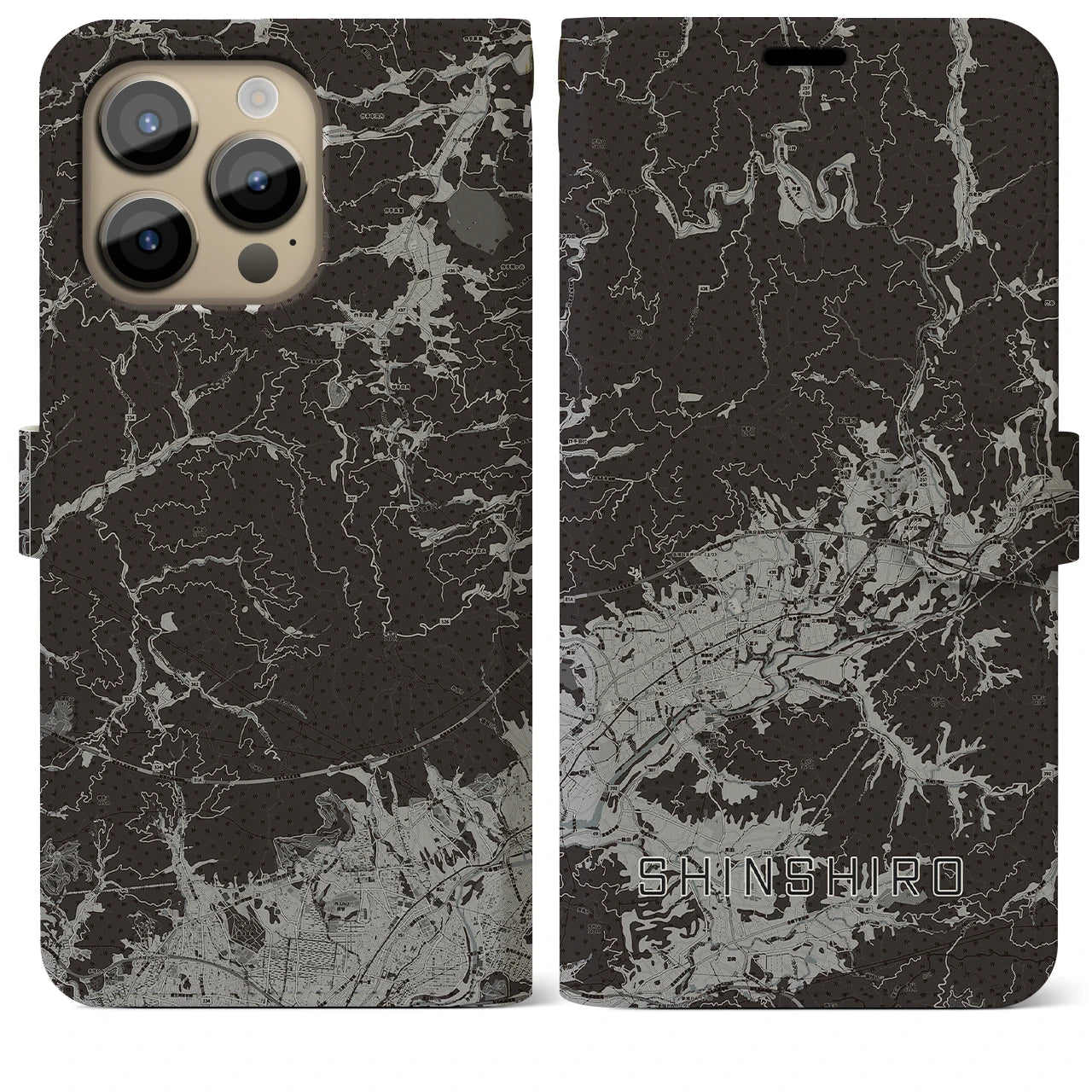 【新城(愛知県)】地図柄iPhoneケース(手帳タイプ)モノトーン・iPhone 14 Pro Max 用