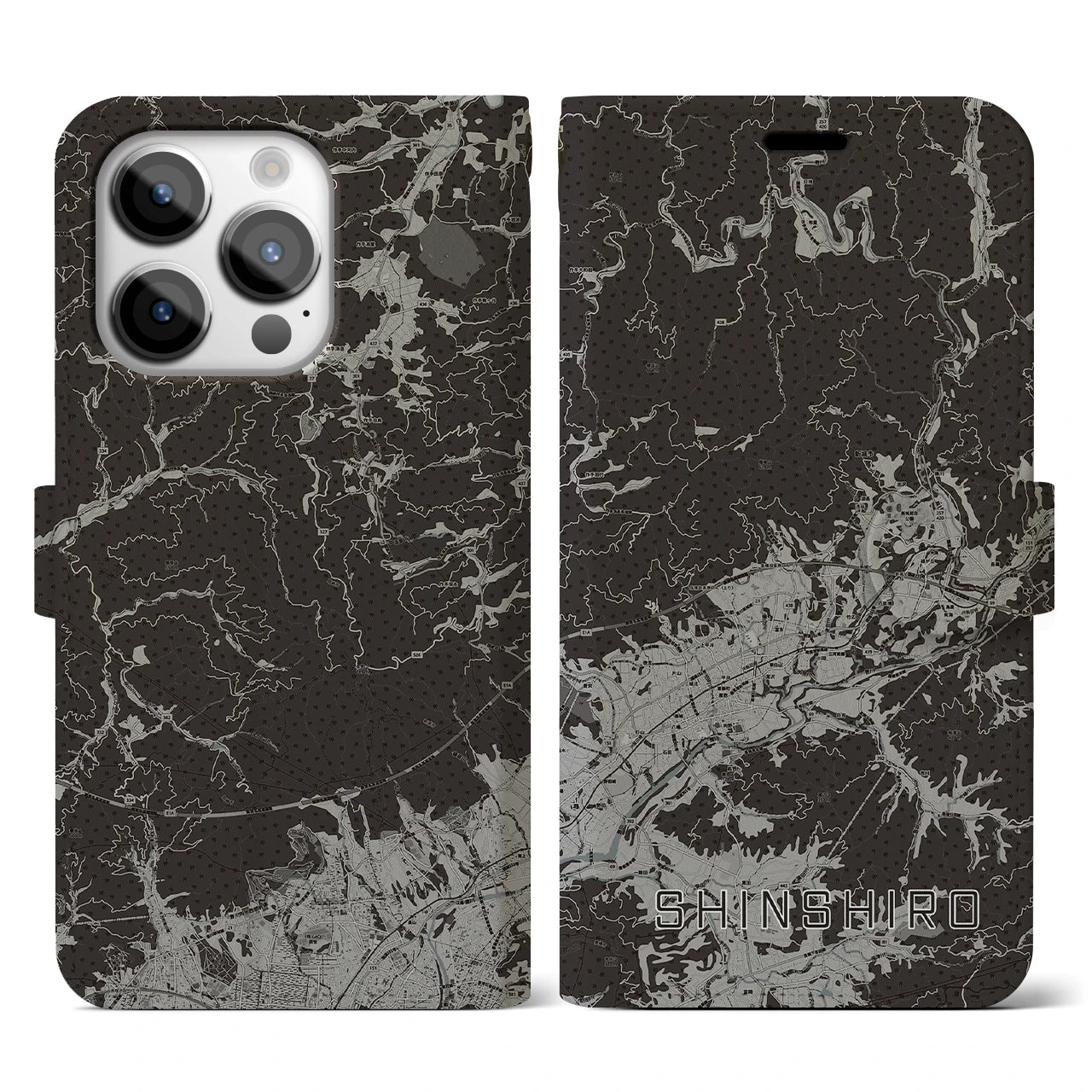 【新城(愛知県)】地図柄iPhoneケース(手帳タイプ)モノトーン・iPhone 14 Pro 用