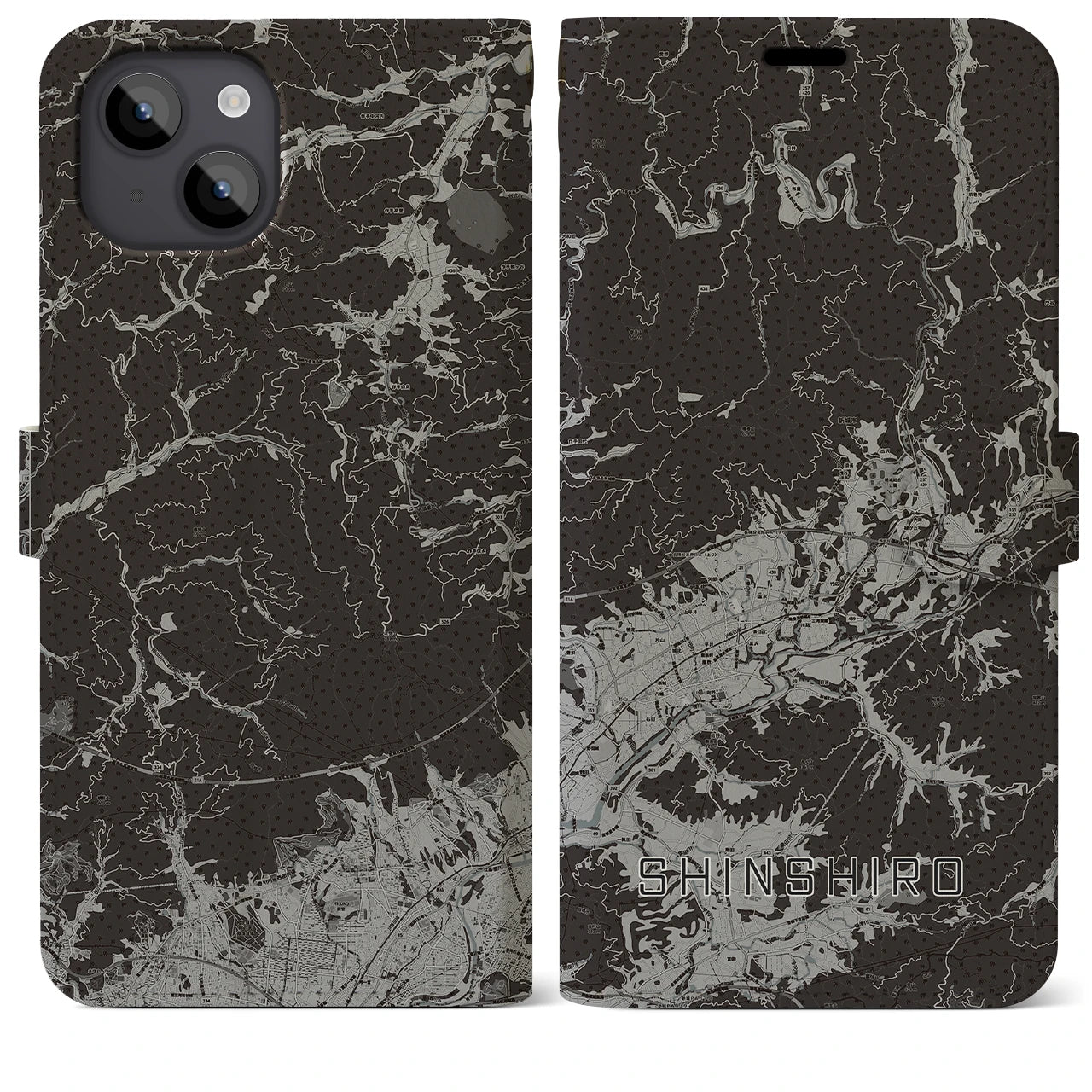 【新城(愛知県)】地図柄iPhoneケース(手帳タイプ)モノトーン・iPhone 14 Plus 用