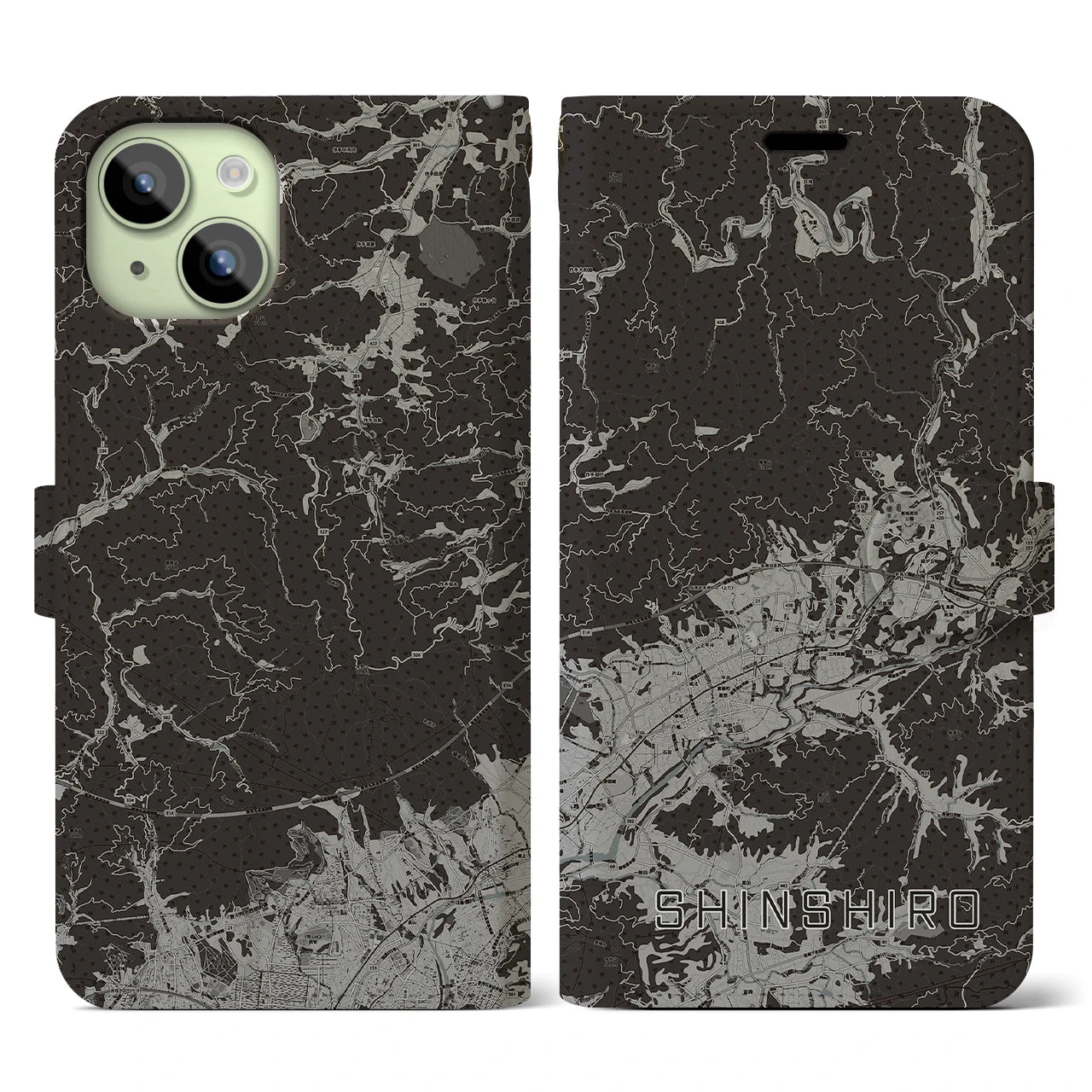 【新城(愛知県)】地図柄iPhoneケース(手帳タイプ)モノトーン・iPhone 15 用