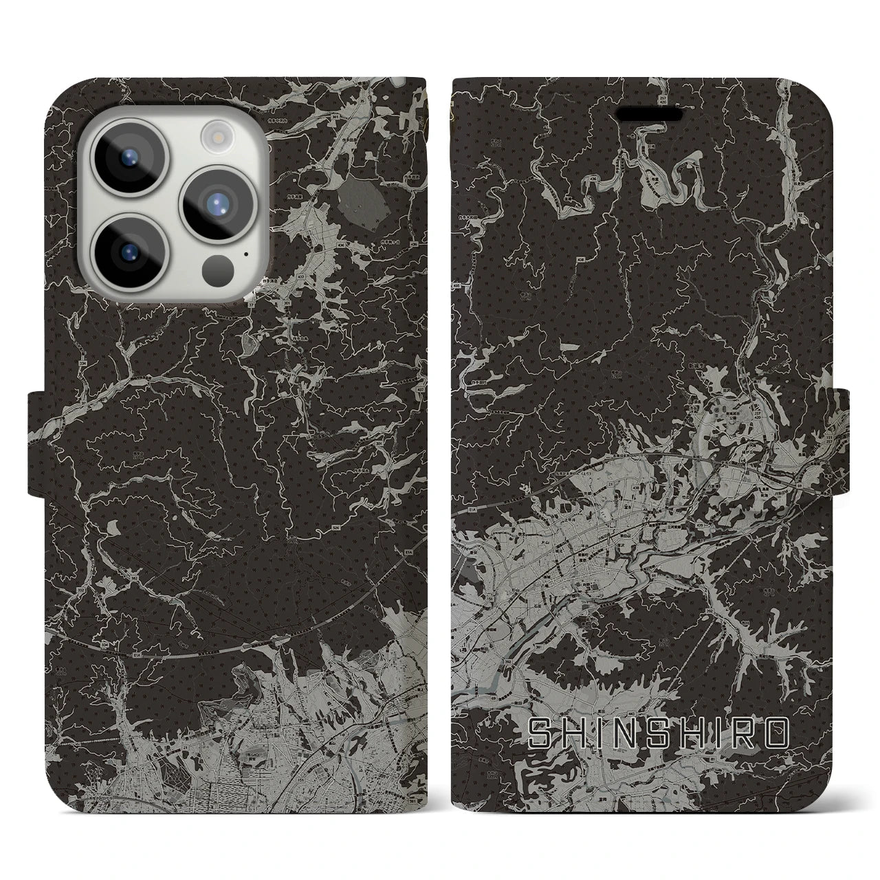 【新城(愛知県)】地図柄iPhoneケース(手帳タイプ)モノトーン・iPhone 15 Pro 用