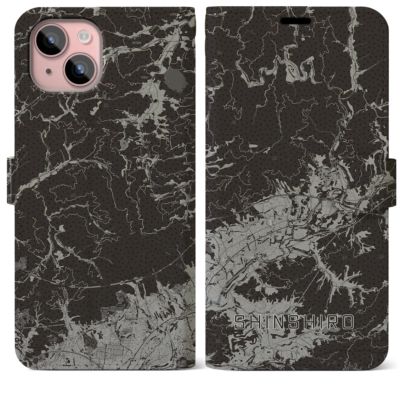 【新城(愛知県)】地図柄iPhoneケース(手帳タイプ)モノトーン・iPhone 15 Plus 用