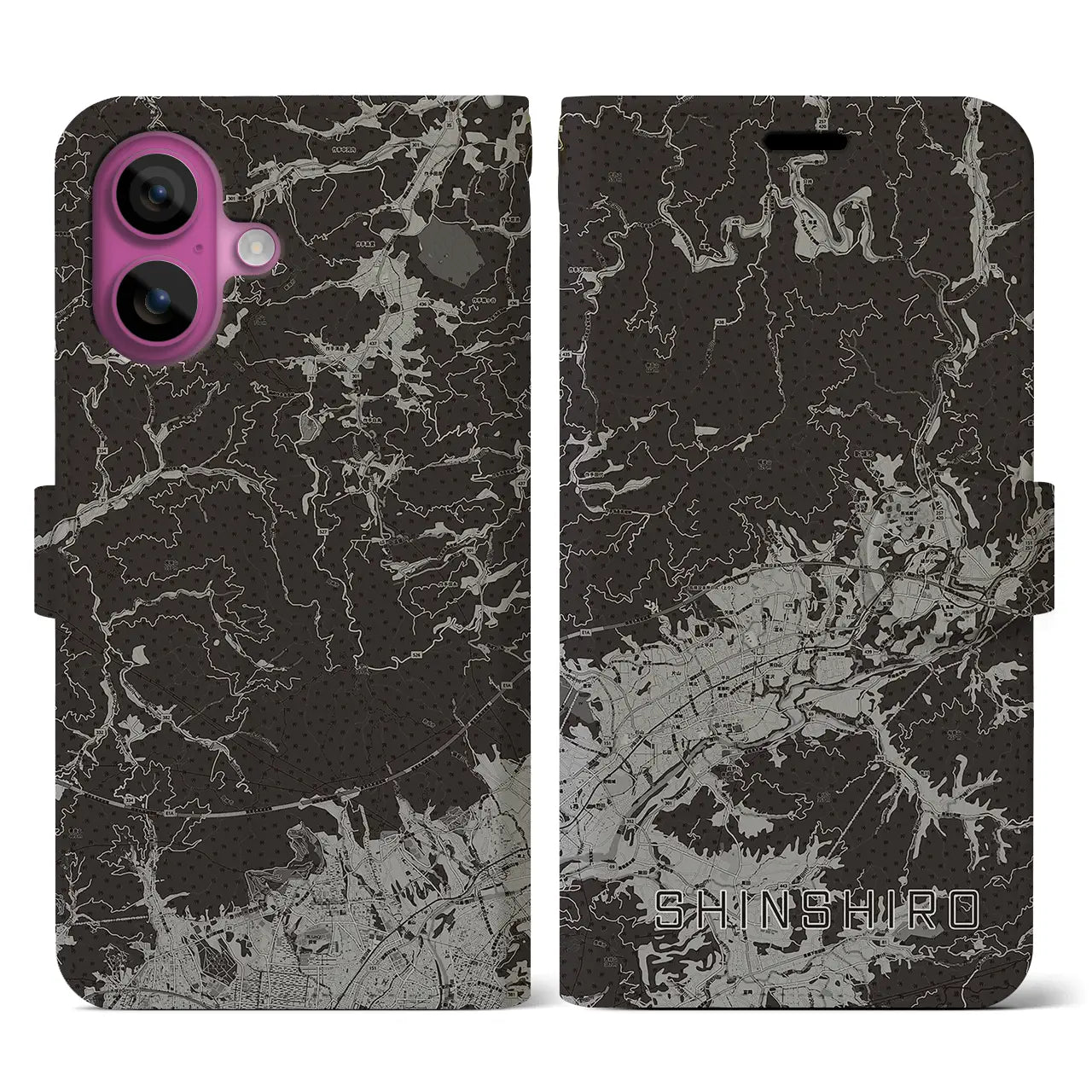 【新城(愛知県)】地図柄iPhoneケース(手帳タイプ)モノトーン・iPhone 16 Pro 用