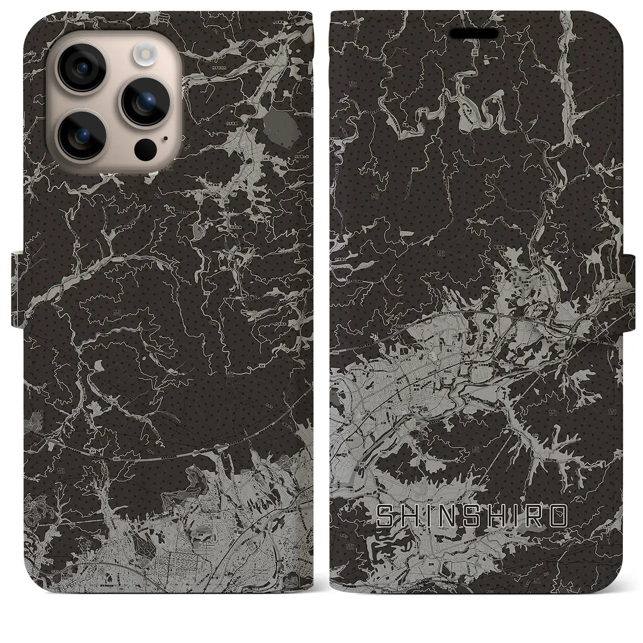 【新城(愛知県)】地図柄iPhoneケース(手帳タイプ)モノトーン・iPhone 16 Plus 用