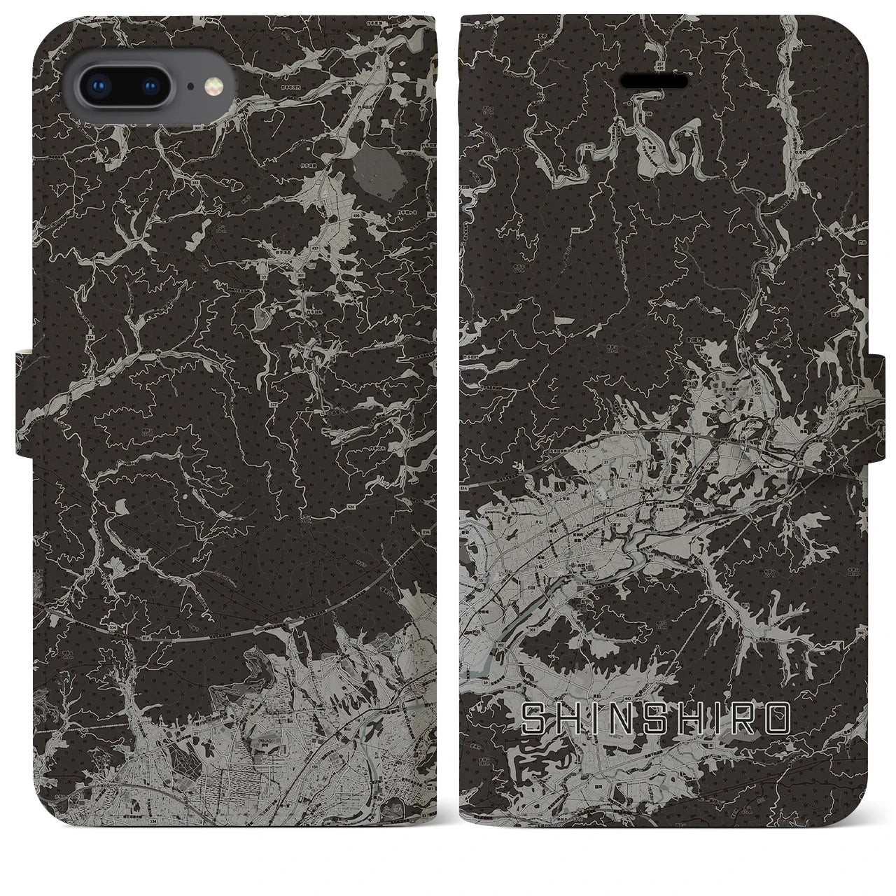 【新城(愛知県)】地図柄iPhoneケース(手帳タイプ)モノトーン・iPhone 8Plus /7Plus / 6sPlus / 6Plus 用