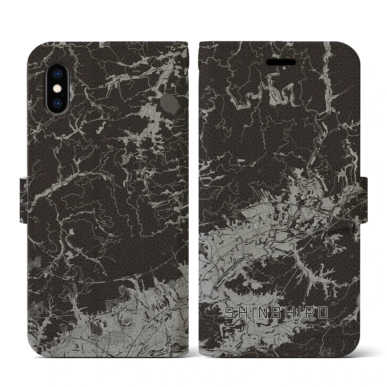 【新城(愛知県)】地図柄iPhoneケース(手帳タイプ)モノトーン・iPhone XS / X 用