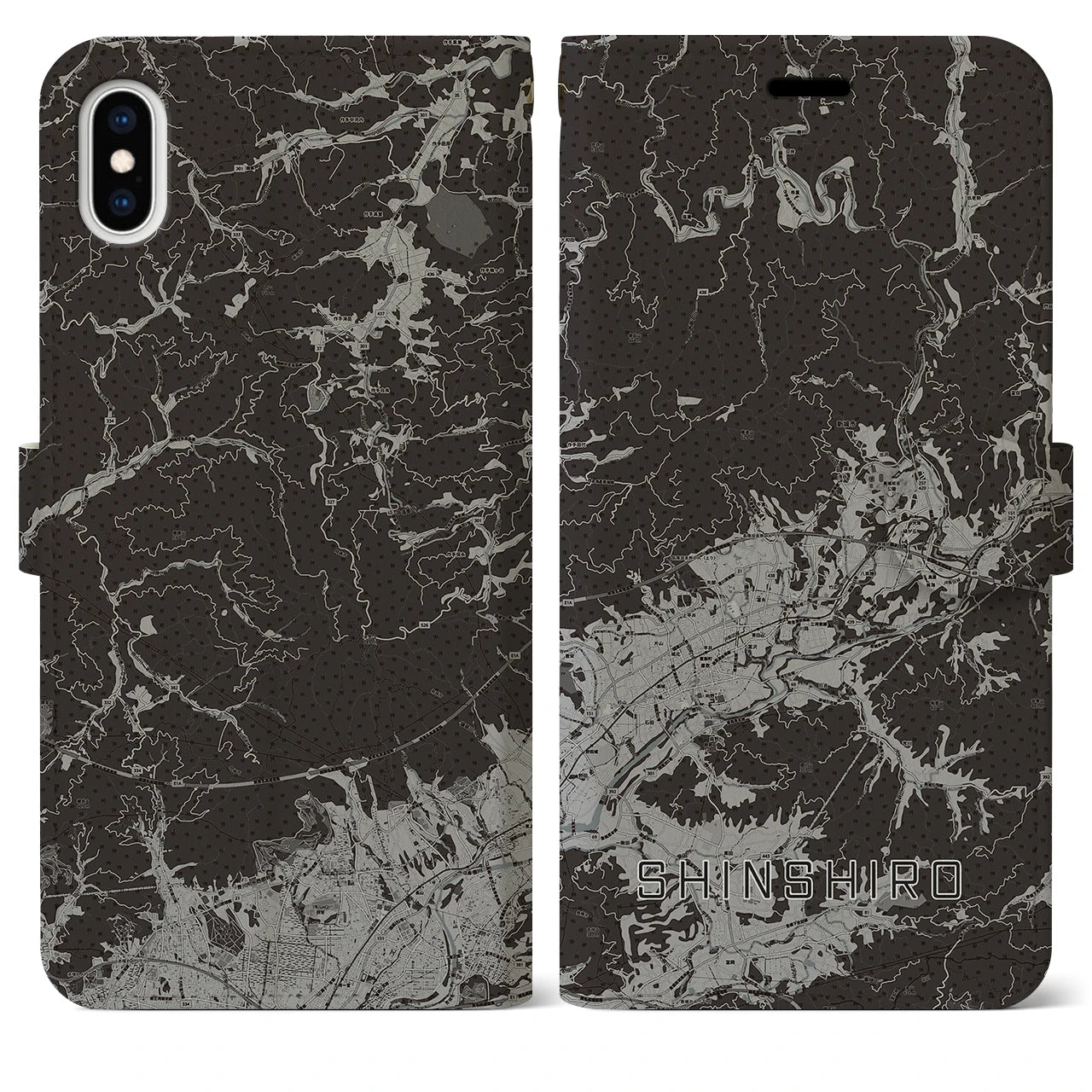 【新城(愛知県)】地図柄iPhoneケース(手帳タイプ)モノトーン・iPhone XS Max 用