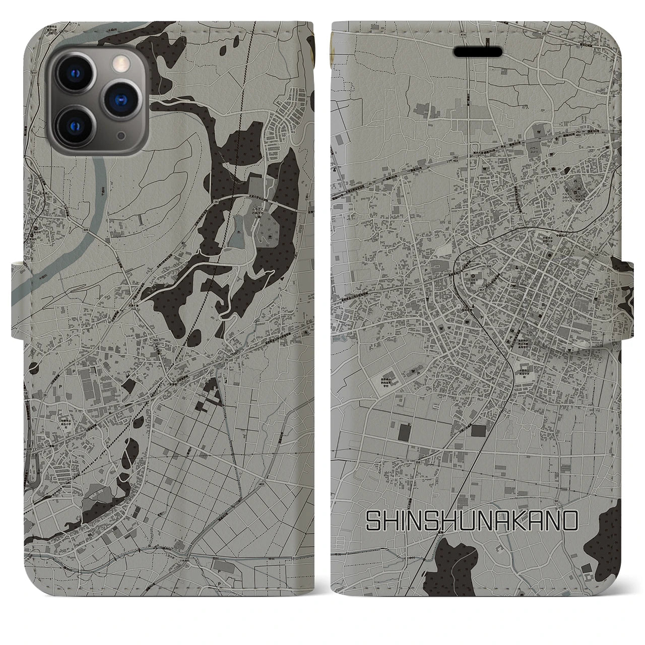 【信州中野(長野県)】地図柄iPhoneケース(手帳タイプ)モノトーン・iPhone 11 Pro Max 用