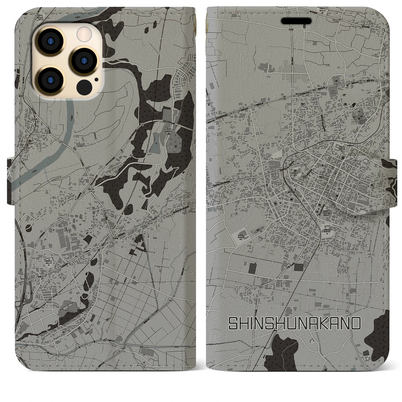 【信州中野(長野県)】地図柄iPhoneケース(手帳タイプ)モノトーン・iPhone 12 Pro Max 用