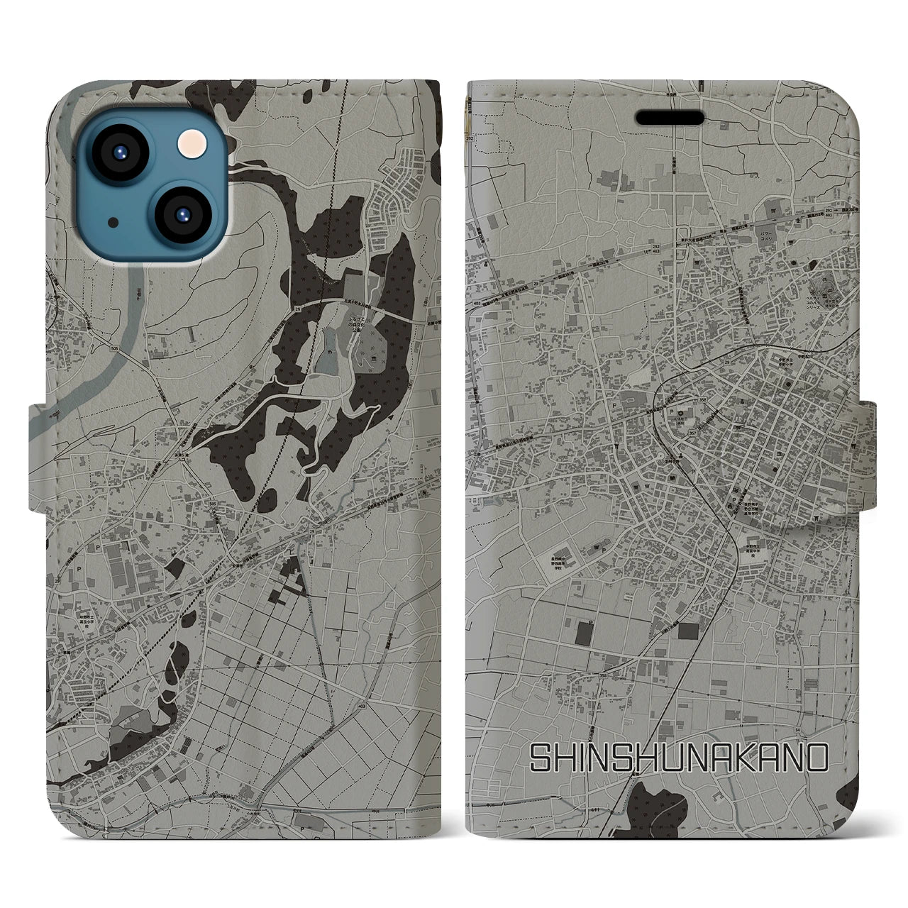 【信州中野(長野県)】地図柄iPhoneケース(手帳タイプ)モノトーン・iPhone 13 用