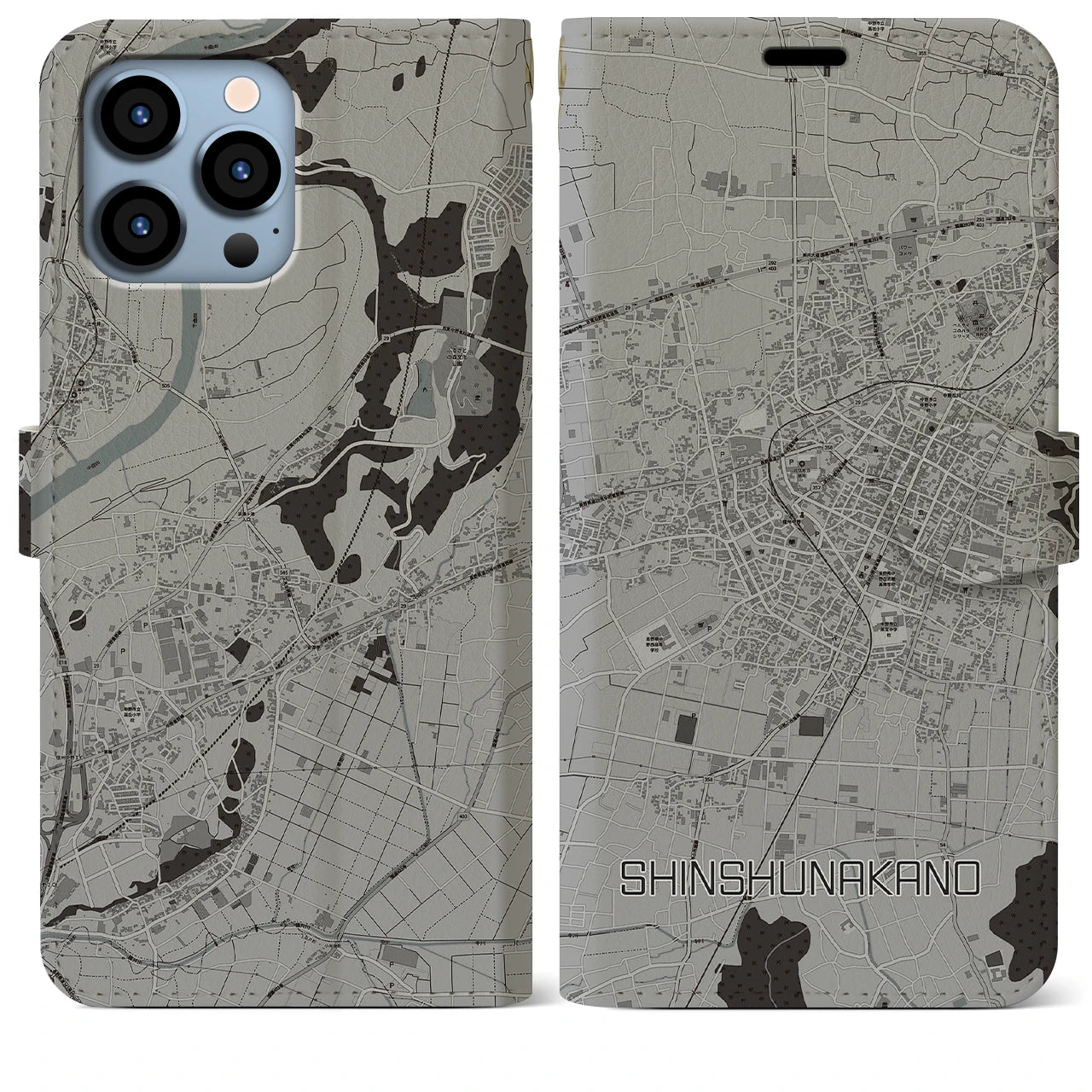 【信州中野(長野県)】地図柄iPhoneケース(手帳タイプ)モノトーン・iPhone 13 Pro Max 用
