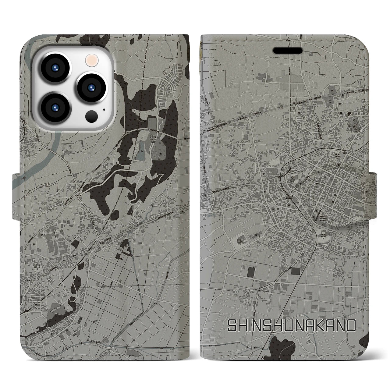 【信州中野(長野県)】地図柄iPhoneケース(手帳タイプ)モノトーン・iPhone 13 Pro 用