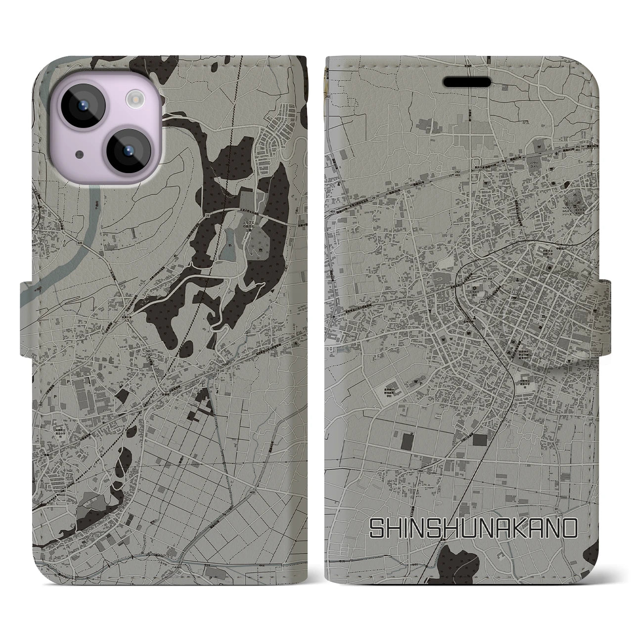 【信州中野(長野県)】地図柄iPhoneケース(手帳タイプ)モノトーン・iPhone 14 用