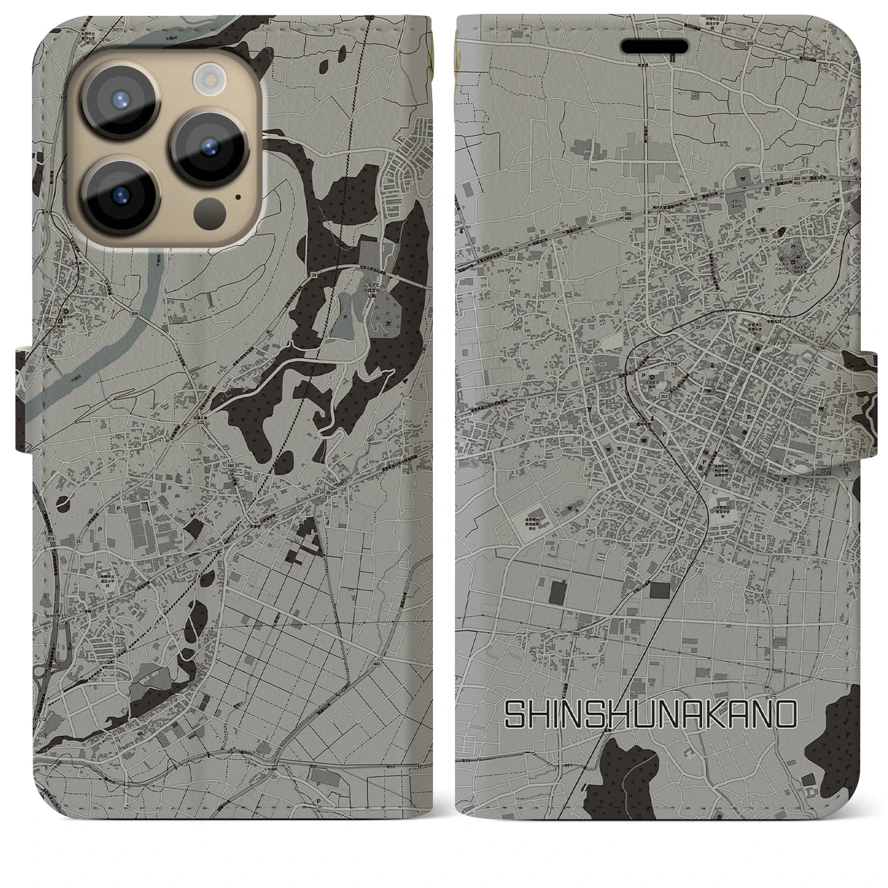 【信州中野(長野県)】地図柄iPhoneケース(手帳タイプ)モノトーン・iPhone 14 Pro Max 用