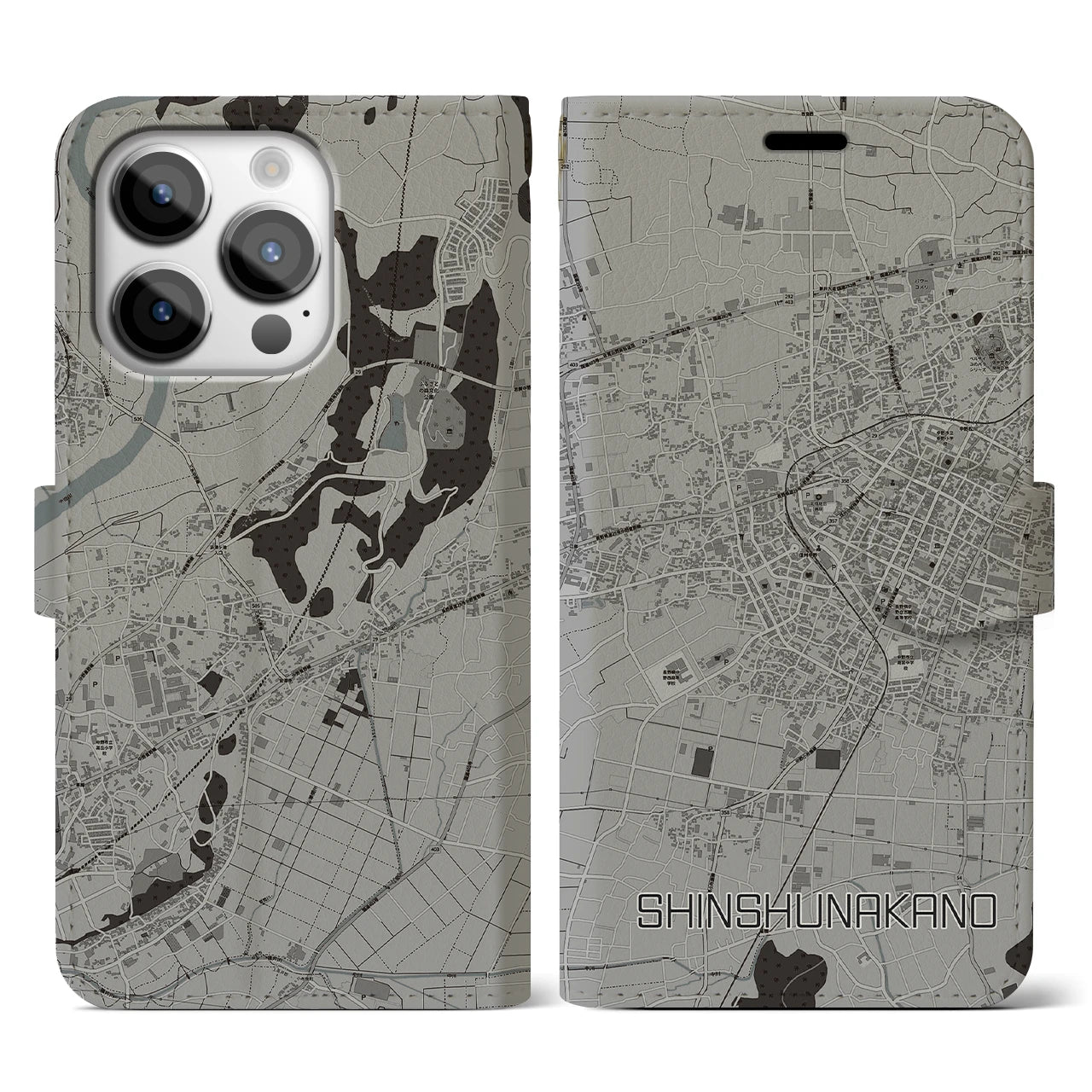 【信州中野(長野県)】地図柄iPhoneケース(手帳タイプ)モノトーン・iPhone 14 Pro 用