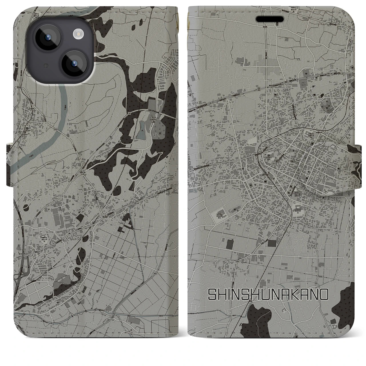 【信州中野(長野県)】地図柄iPhoneケース(手帳タイプ)モノトーン・iPhone 14 Plus 用